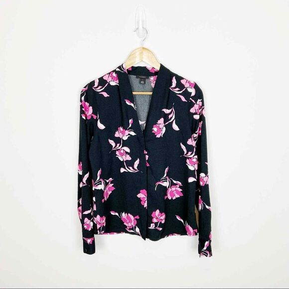 Halogen V-Neck Long Sleeve Button Up Top XS/Extra Small Black Pink Floral NWT - Picture 2 of 5